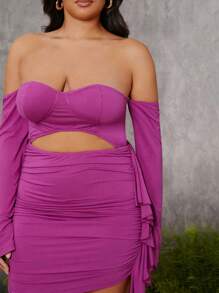 evoluSHEIN X Anitta The Perfect Party Designer Plus Size Off-Shoulder Hollow Ruffle Backless Mini Dress, Summer, Holiday, Party, Thanksgiving, Birthday Outfits, Festival - Purple - View 3