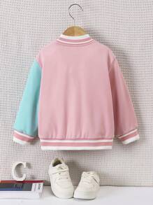 SHEIN Chaqueta de punto informal con parches de letras de bloques de color para niña joven