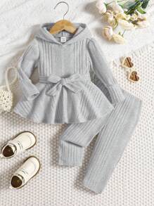 SHEIN Leap Crew Baby Girl Solid Color Simple Knit Elastic Hoodie And Pants 2 Pieces Set, Fall/Winter - Light Grey - View 1