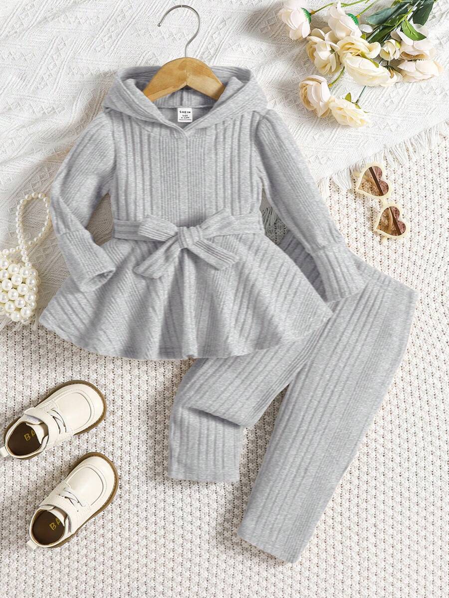 SHEIN Leap Crew Baby Girl Solid Color Simple Knit Elastic Hoodie And Pants 2 Pieces Set, Fall/Winter - Light Grey - View 1