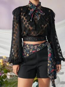 VERO DIAZ Frida Kahlo X SHEIN X Designer Floral Bow Tie Print Cuff Lace Stand Collar Blouse, Holiday, Thanksgiving, Spring & Summer, Festival - Multicolor - View 6