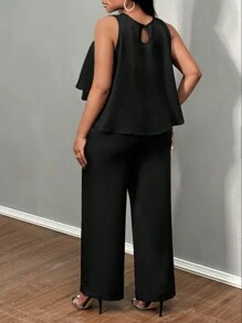 Slaydiva 優雅圓領無袖寬鬆下擺短款上衣直筒裝橙色女裝套裝-C - 黑色 - 查看 2