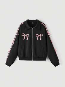 SHEIN MOD Plus Size Raglan Sleeve Pullover Sweatshirt With Bow Tie Decor, Black With Pink Butterfly Print