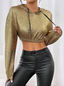 SHEIN LUNE Women's Metallic Effect Short Hooded Sweatshirt Pullover Fall Sweatshirt - Gold - View 3