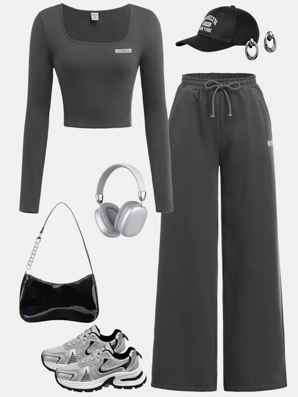 SHEIN Girlism 2pcs/Set Teen Girls Casual Basic Outfit, Includes Crew Neck Knit Top With Patch And Loose Wide Leg Sweatpants, Autumn