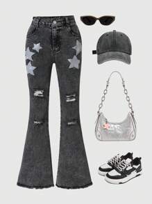 Tween Girls Star Print Ripped Elastic Flare Jeans, Spring Autumn - Black - View 1