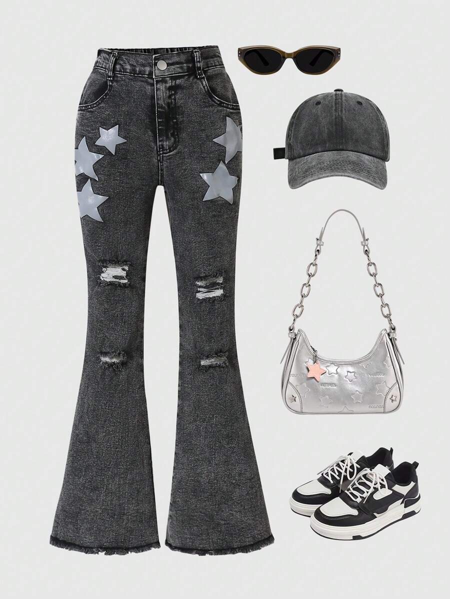 Tween Girls Star Print Ripped Elastic Flare Jeans, Spring Autumn - Black - View 1