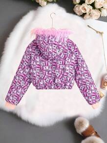 Tienermeisjes Casual Bont Capuchon Korte Allover Print Gewatteerde Jas