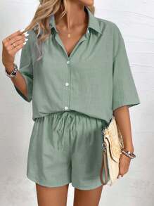 EMERY ROSE 2pcs Women Casual Plain Shirt Collar Button Up Blouse & Shorts Set - Mint Green - View 3