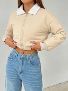 SHEIN PETITE Áo khoác mùa đông ngắn lông cừu khóa kéo Colorblock - Màu be - Xem 3