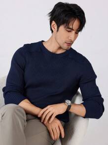 Manfinity Homme Pulover casual pentru bărbați, cu mânecă lungă, cu decolteu uni, toamnă/iarnă - Albastru - Vizualizare 7