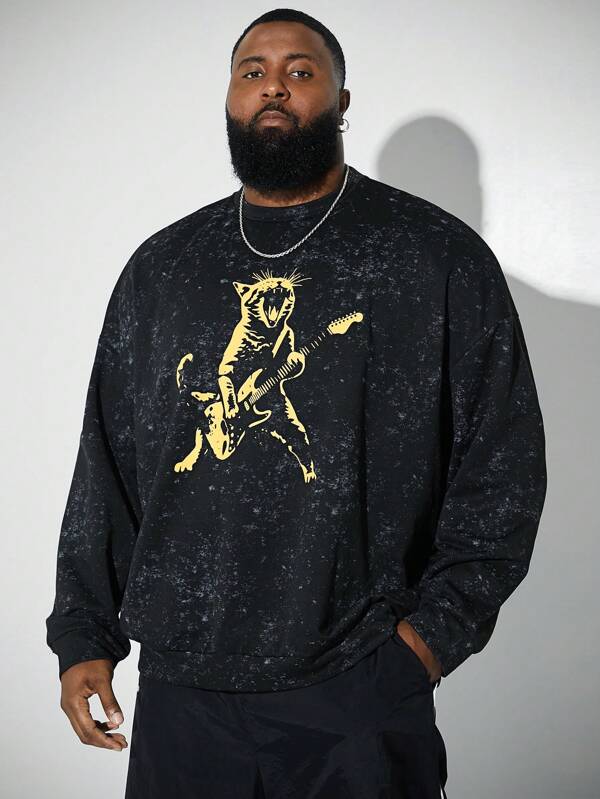 Manfinity VCAY Sudadera holgada de cuello redondo con estampado de leopardo de las nieves falso de punto para hombre de talla grande, para otoño e invierno