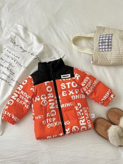 Áo khoác phao ấm áp in chữ thời trang cho bé trai, mùa thu/đông