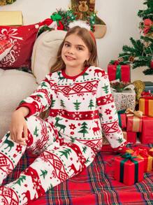 女童法兰绒圣诞睡衣套装，带鹿和树图案，长袖上衣和裤子，休闲舒适的冬季睡衣 - 紅色 - 查看 9