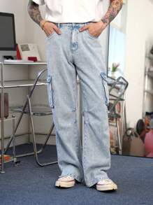 Claim Dot 男士浅蓝色斑驳牛仔街头装 - 淺色水洗藍 - 查看 3