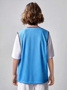SHEIN Lässiges Sport T-Shirt mit Buchstaben-Muster und Mock Layer für Tween Jungen - Blau - Übersicht 2
