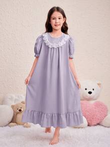 SHEIN Tween Girl Cute Princess Style Floral Embroidery Puff Sleeve Ruffle Trim Woven Nightgown - Dusty Purple - View 1