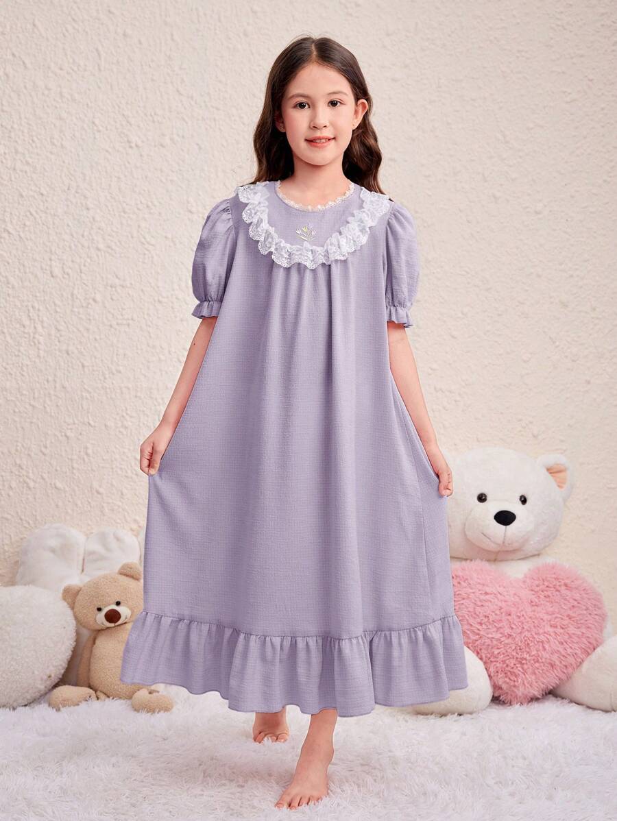SHEIN Tween Girl Cute Princess Style Floral Embroidery Puff Sleeve Ruffle Trim Woven Nightgown - Dusty Purple - View 1