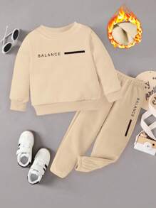 2 Stücke Baby Jungen Lässiger einfacher Buchstabe Grafik Muster Rundhals Sweatshirt & Jogginghose Set Baby Trainingsanzug - Khaki - Übersicht 3