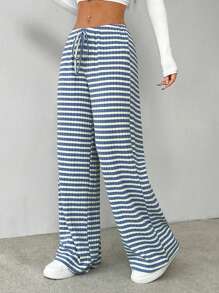 SHEIN PETITE Women's Striped & Printed Casual Holiday Style Long Pants - Blue - View 7