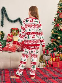 女童法兰绒圣诞睡衣套装，带鹿和树图案，长袖上衣和裤子，休闲舒适的冬季睡衣 - 紅色 - 查看 2