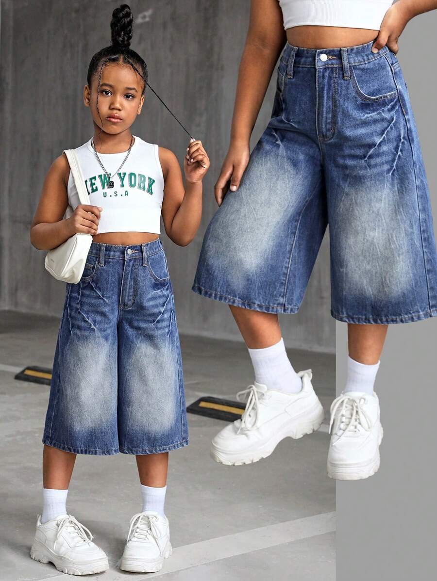 SHEIN Thời trang Y2K dành cho bé gái tuổi teen, phong cách vintage retro những năm 2000, quần jeans ống rộng dáng suông, chất liệu denim bạc màu, thích hợp cho mùa thu đông đi học. - Rửa trung bình - Xem 1
