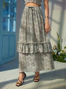 Frida Kahlo X SHEIN X Designer VALERIA GALIPOLI 黑白花卉印花荷叶边下摆透视裙，内置短裤