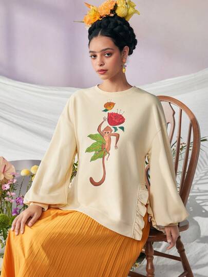 VALERIA GALIPOLI Frida Kahlo X SHEIN X Designer Sudadera oversize de manga larga con cuello redondo, estampado de mono, volantes con abertura lateral, para vacaciones, Acción de Gracias, invierno, primavera, festivales