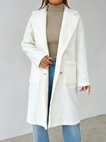SHEIN PETITE Áo khoác nữ dáng ôm cổ trễ vai tay dài ve lật hai túi thời trang thu đông - Màu be - Xem 8