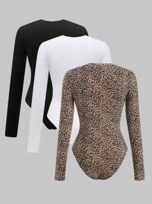 SHEIN Unity 3pcs White & Black Leopard Print Bodysuit Set - Multicolor - View 2