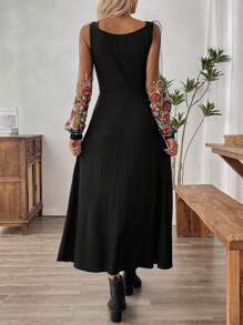 EMERY ROSE Rochie Midi Neagra De Dama Cu Broderie, Decolteu U Elegant, Maneci Lungi - Negru - Vizualizare 2