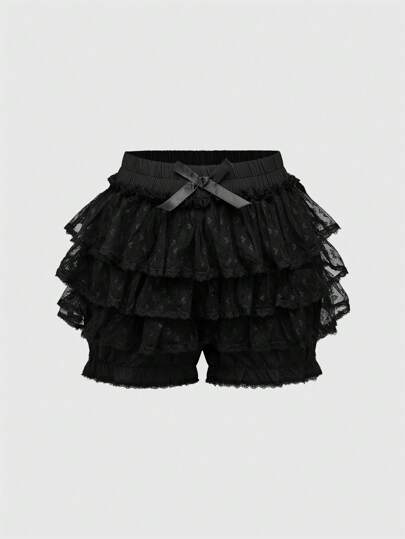 Gothic Dark Contrast Lace Bowknot Solid Pumpkin Lantern Women Shorts