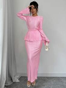 Rafferiza 2 件套女士纯色休闲长袖上衣和褶皱系带腰裙套装 - 粉色 - 查看 5