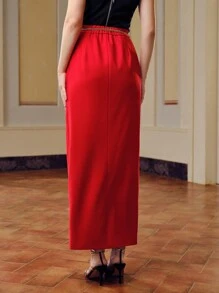 ZEYLAH 纯色开叉大腿链条腰带裙 - 紅色 - 查看 8