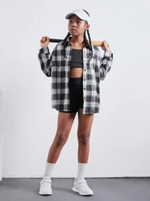 SHEIN 3 Stücke Strickfarben-Blockweste, Leggings und kariertes Hemd mit Kragen Freizeitoutfitset für Tween-Mädchen