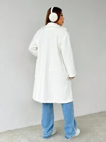 SHEIN PETITE Áo khoác nữ dáng ôm cổ trễ vai tay dài ve lật hai túi thời trang thu đông - Màu be - Xem 2