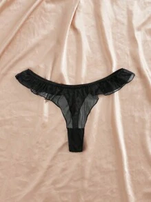 SHEIN Women Elastic Mesh Ruffled Thong Panty, Super Low Waist Lingerie - Black - View 3