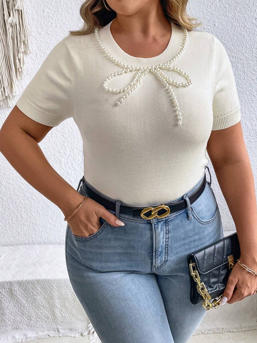 SHEIN CURVE+ Áo len dệt kim tay ngắn đính đinh tán thường ngày cỡ lớn cho mùa xuân và mùa thu - trắng - Xem 1