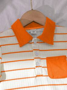 SHEIN 2 件装年轻男孩纹理条纹 Polo 衫和休闲裤套装，夏季 - 橘色 - 查看 3