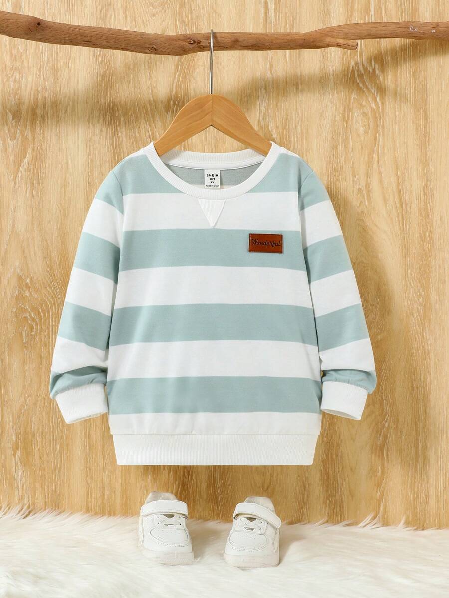 SHEIN Young Boy Crew Neck Raglan Sleeve Striped Sweatshirt,In Fall/Winter - Green - View 1