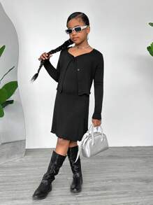 Dziewczęcy sportowy, swobodny, dzianinowy, długi kardigan z długim rękawem i sukienka typu pinafore, 2 sztuki, zestaw