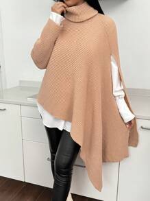 SHEIN Essnce Dames Winter Capuchon Poncho Split Knit Trui, Lange Mouw Warme Hoge Hals Dames Pullover - Abrikoos - Bekijken 5