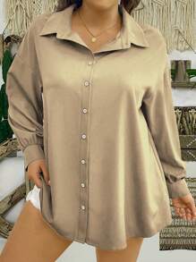 EMERY ROSE Plus Size Vrouwen Effen Kleur Drop Schouder Lange Mouw Casual Blouse Vrouwen Shirt