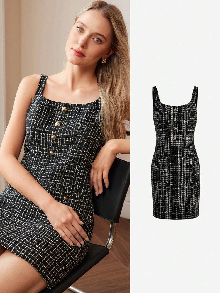 PLAID PRINT GOLD BUTTON DETAIL SHORT DRESS