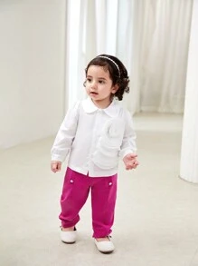 Baby Girl Casual White Floral Print Shirt & Fuchsia Trousers 2 Pcs Set, Autumn/Winter - Hot Pink - View 6