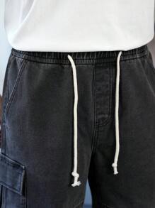 Manfinity Hypemode Celana Pendek Kargo Denim Hitam Pria, Potongan Longgar - Hitam - View 6