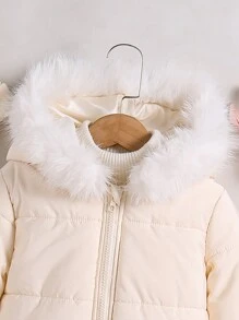 SHEIN 女童休闲立领长袖羽绒服配毛球针织帽 - 白色 - 查看 3