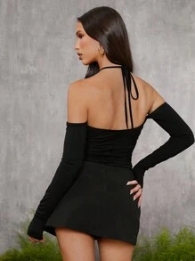 evoluSHEIN X Anitta RAUL OROZCO Designer Backless Cross Straps Halter Bodysuit For Spring & Summer, Holiday, Thanksgiving, Festival - Black - View 4