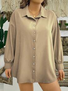 EMERY ROSE Plus Size Vrouwen Effen Kleur Drop Schouder Lange Mouw Casual Blouse Vrouwen Shirt