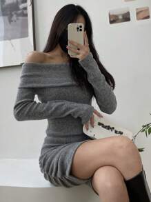 DAZY Vestido mini slim fit de un hombro de unicolor para mujer, gris, primavera/verano/otoño